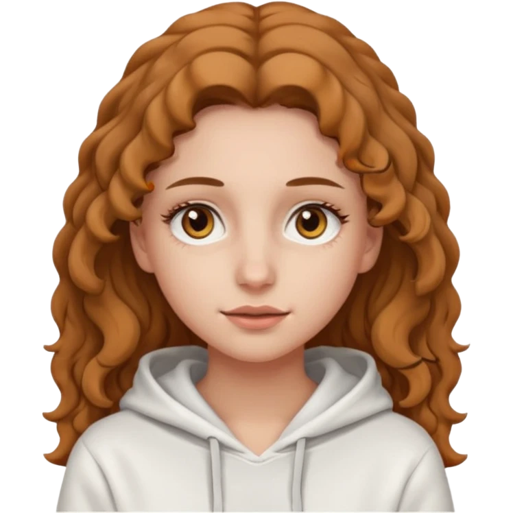 Una ragazza con una felpa semplice bianca,ha gli occhi marroni,i capelli marroni chiaro , c’è gli ha lunghi e ricci ma non troppo e ha le ciglia stile emoji apple emoji