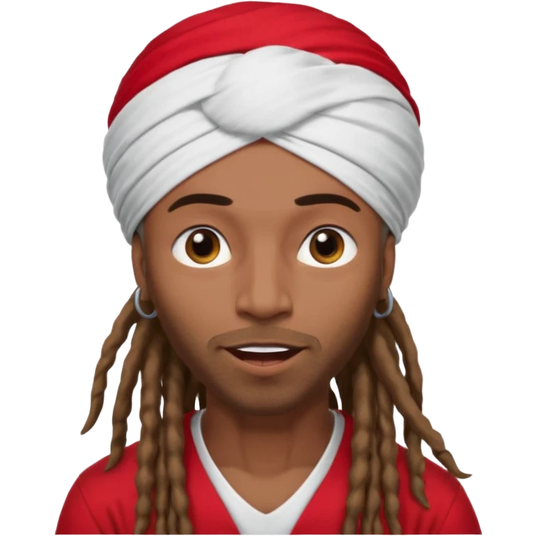 Brownskin man with long brown dreadlocks 
red t-shirt 
white turban 
expression is in love 
his eyes mouth open  emoji