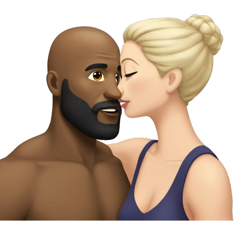 White brunett kissing muscular black bald man with beard emoji