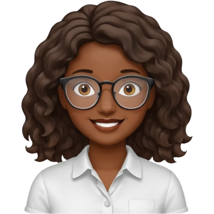 Emoji of a wavy hear dark young woman with glasses and a white shirt smile emoji