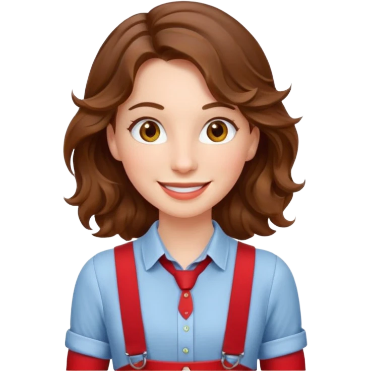 Woman with wavy brown hair and hazel eyes wearing red trouser suspenders  emoji