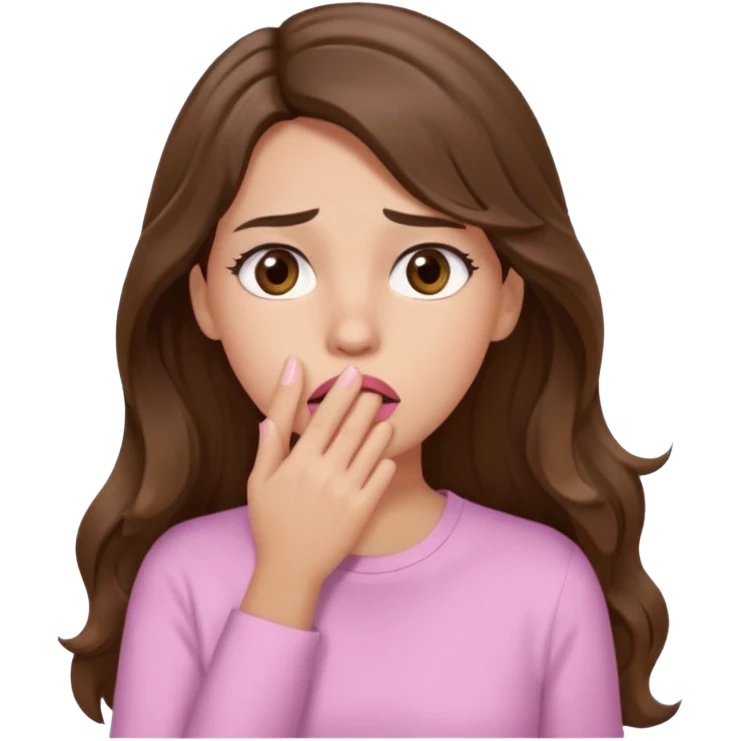 girl with wavy long brown hair, brown eyes, light to medium complexion, long lashes, light pink lipstick, wearing light pink shirt, shocked, hand covering mouth emoji