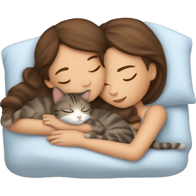 brown haired girl sleeping with tabby brown cat in bed emoji