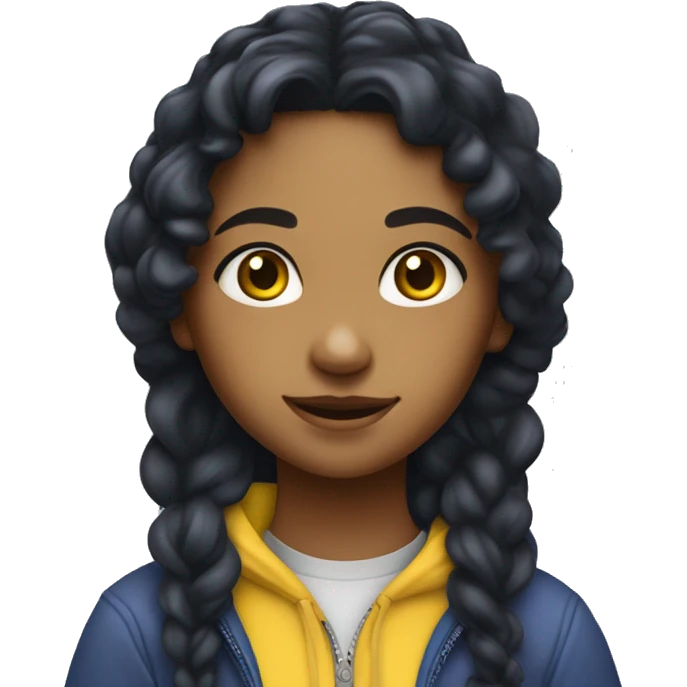 girl eating blueberries she has black hair and two braids. Her hair colour is black, but her texture of her hair is curly and wavy, and is middle eastern and she is wearing a yellow hoodie. emoji