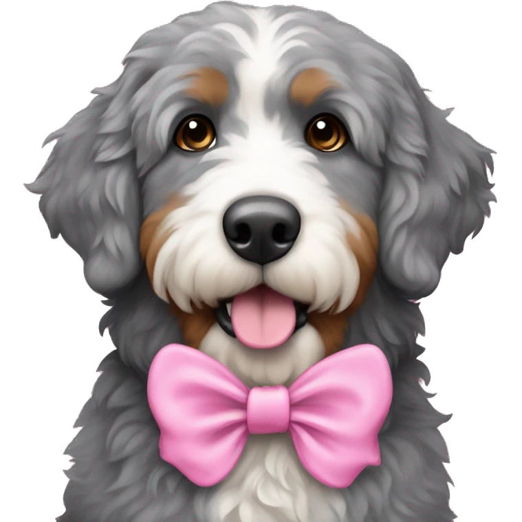 Grey bernedoodle with a pink bow emoji