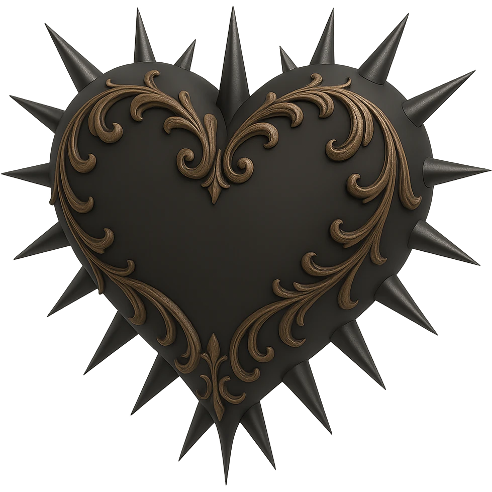 Add sharp metallic spikes to the black gothic heart in 3D black style, keeping the gothic and dark aesthetic with no background. emoji