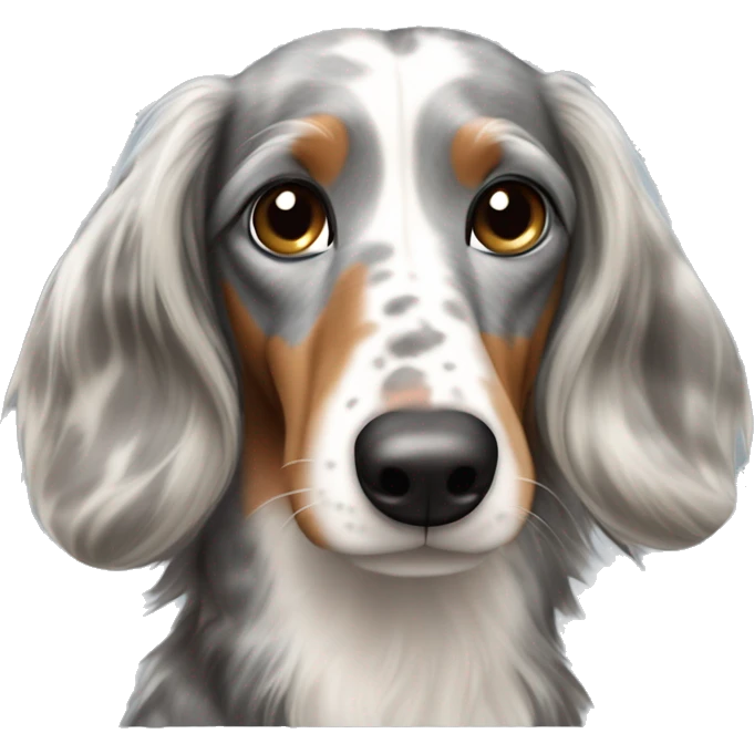 Gray, white, and brown merle long-haired dachshund emoji