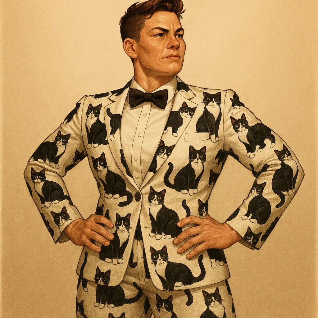 masculine woman with short brown hair and a tuxedo cat, style 1 emoji