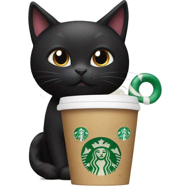 Black cat holding a Starbucks holiday cup emoji