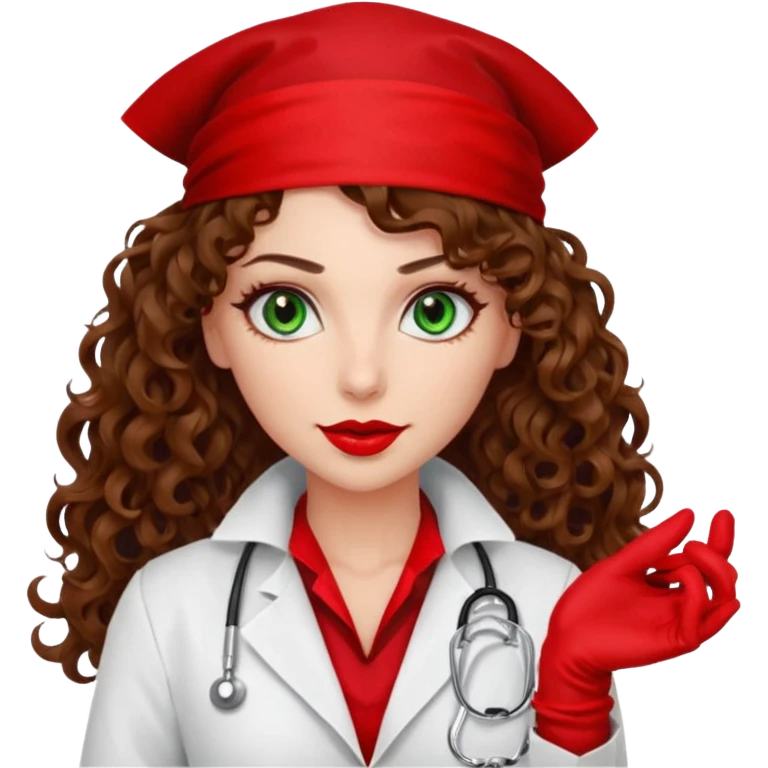 Spanish sexy evil woman. She has green eyes.  had brown long curly hair.  evil surgeon kills with needle wears red sexy doctor coat with red mouth bandana red gloves.  emoji