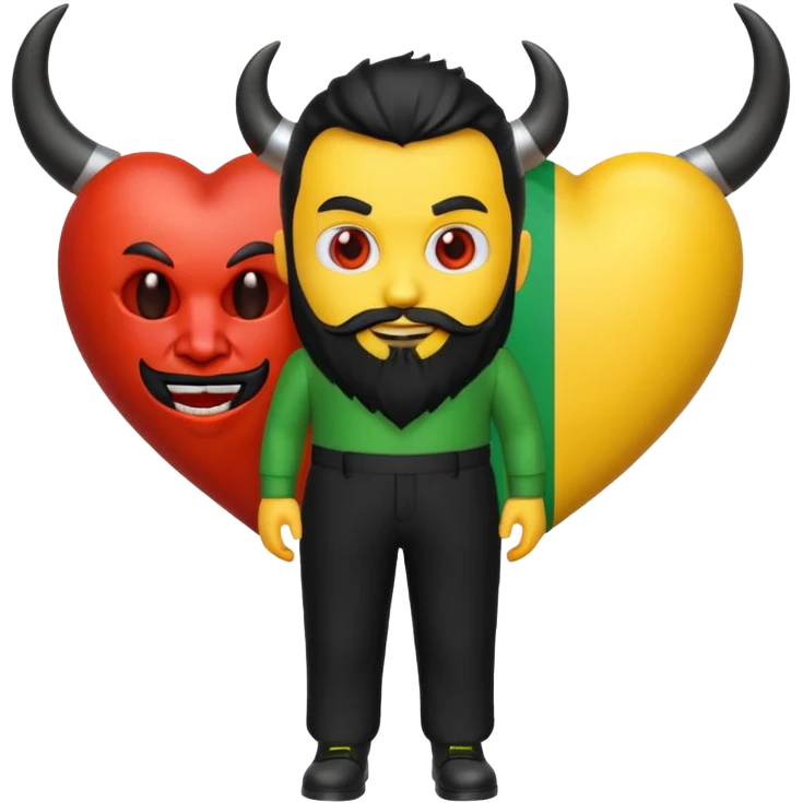 3D yellow heart emoji, devil face, full black beard, black horns and tail. Top: Italian flag. Bottom: Cornish flag trousers. Apple style, glossy, white background. emoji