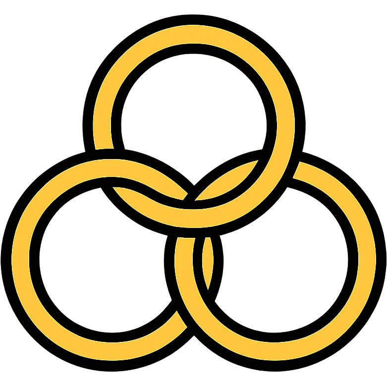 three interlocking gold rings in a triangle formation emoji