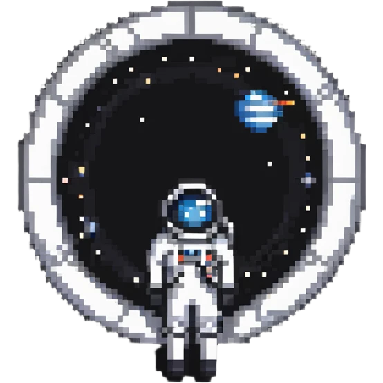 pixel art style illustration inspired by the film Interstellar, featuring a space explorer and wormhole emoji