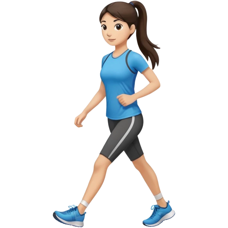 Walking exercise girl dark brown hair, long ponytail, light to medium skin tone emoji