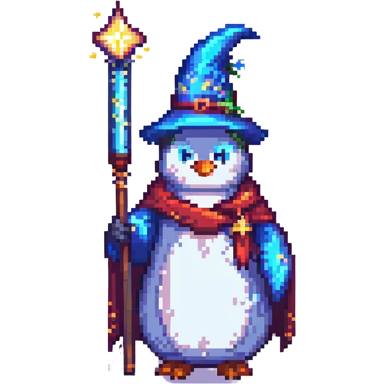 penguin wizard holding glowing wand, starry robe, pixel art style emoji
