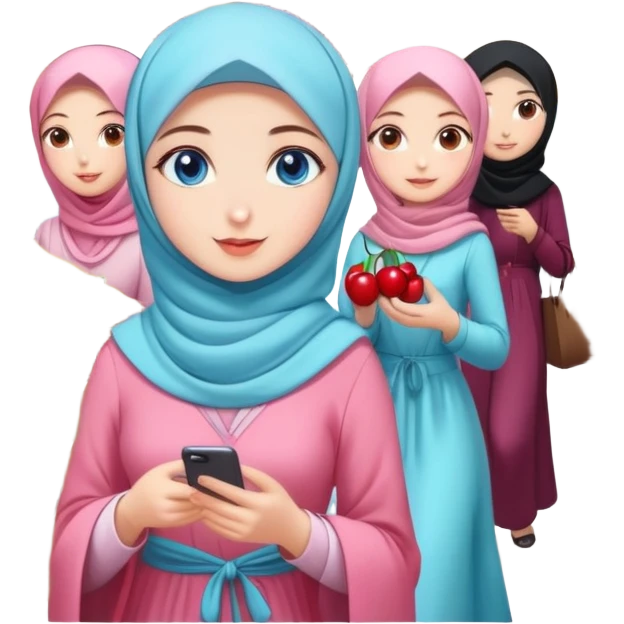 Turkish beautiful finish Konya girls blue eyes with lovely cherry blossom hijab long tail dress and the friends shopping in a market fruits emoji