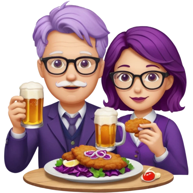 German man with glasses and woman with glasses eating schnitzel, red cabbage, potatoes, and drinking a beer emoji