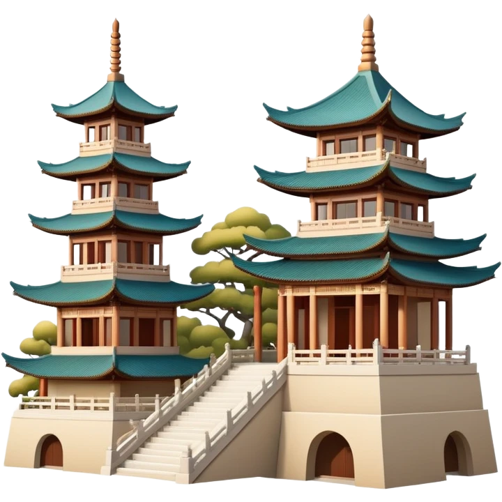 Traditional Chinese architecture with pagoda roofs, natural colors, balanced tones, classic emoji style emoji