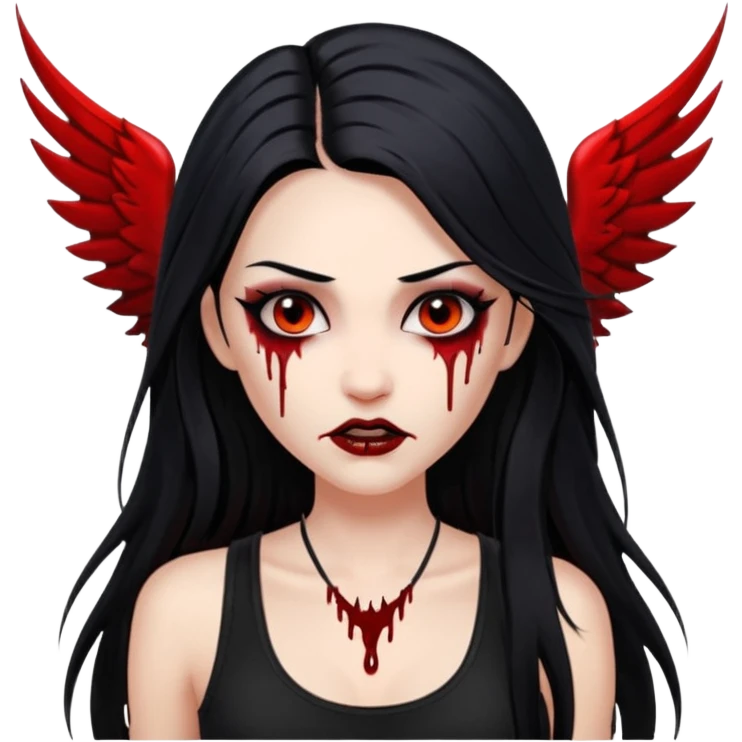 White woman with a white tank top long black hair glossy middle part long hair vamp look with fangs or blood dripping brown eyes eyeliner winged with lashes top and bottom emoji