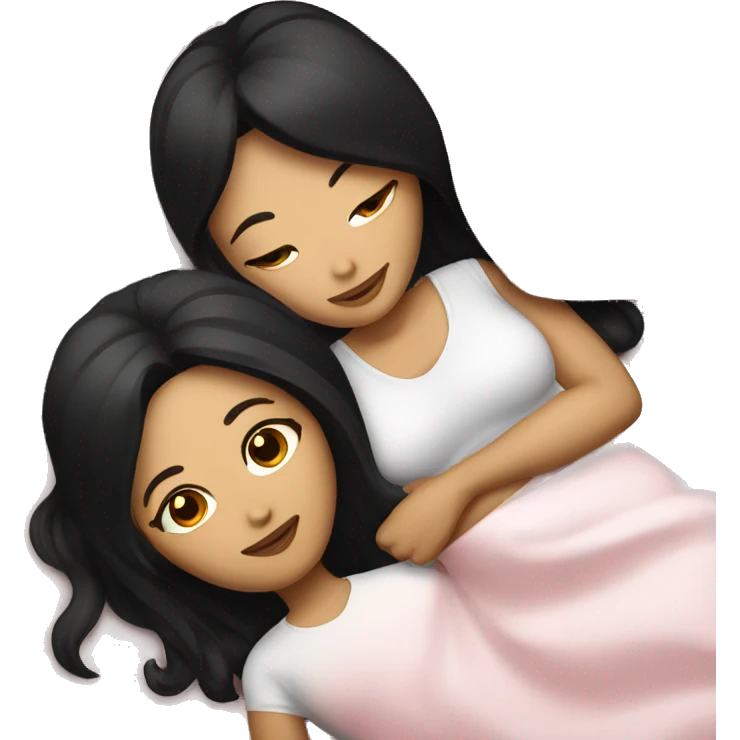 Lesbians with long black hair and white skin laying in bed together emoji