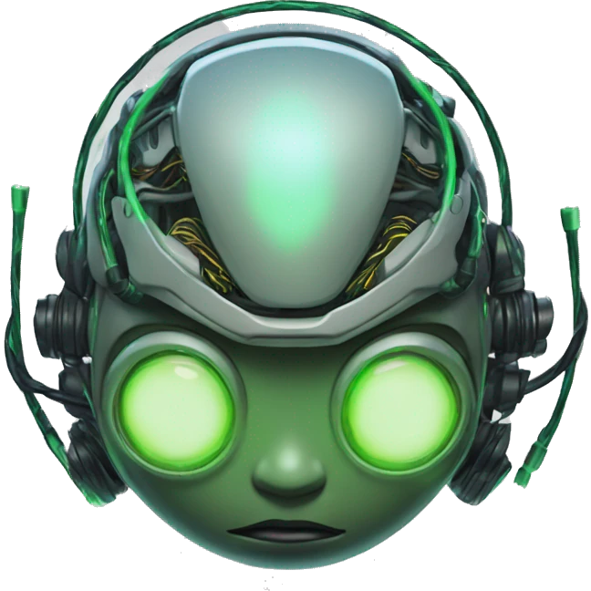 Round Alien cyborg head with glowing wires and green eyes  emoji