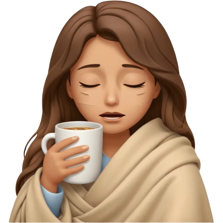 emoji-style illustration of a crying relaxed woman with long wavy brown hair, wrapped in a cozy beige blanket, holding a mug cup, eyes closed, sad and a bit anxious expression, soft 3D cartoon rendering, warm and comforting mood, plain background
 emoji