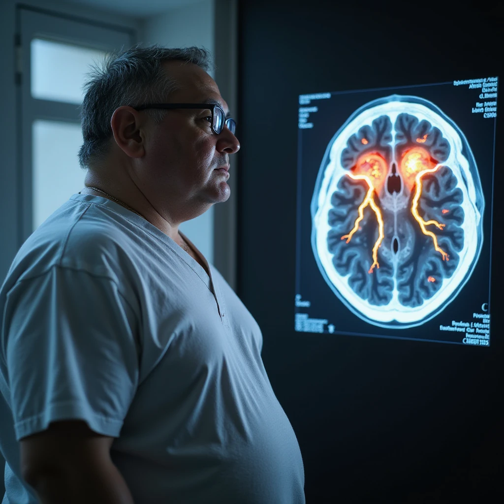 hyper-realistic medical CGI of an obese man in a clinical setting next to a brain scan showing inflamed hippocampus in red, shrunken prefrontal cortex, yellow lightning representing glucose spikes disrupting neural pathways, black clots as amyloid plaques, constricted blood vessels, 4K detailed emoji