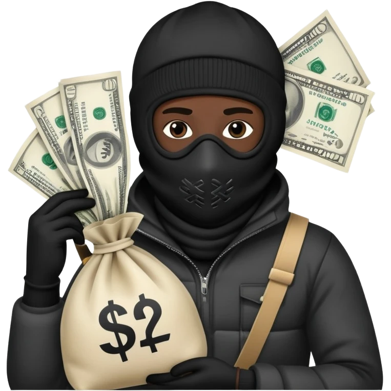 Ski mask holding money bag with black skin color black emoji