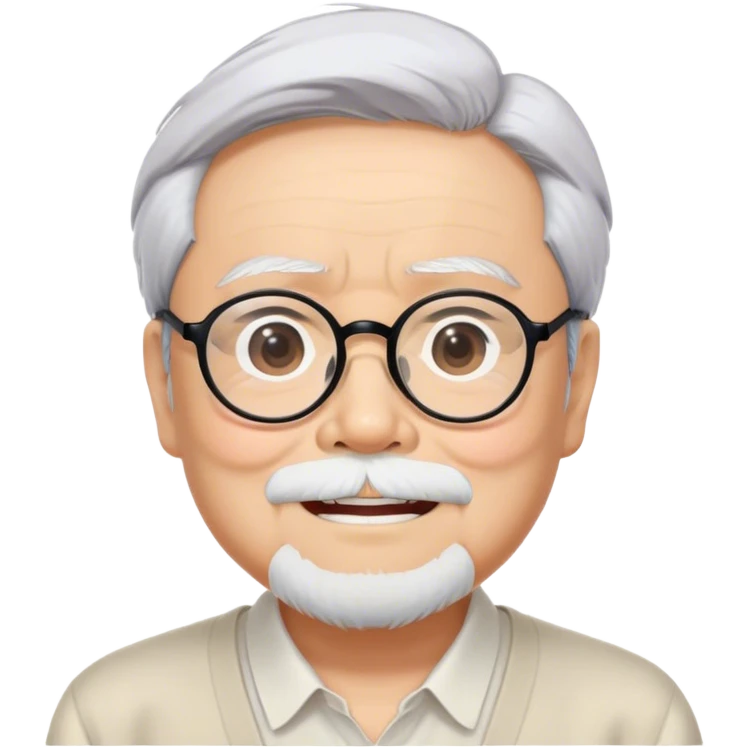 ​Cinematic Realistic Portrait of Hayao Miyazaki, depicted with defined black eyebrows, and large rectangular glasses, his happy expression rendered in lifelike detail, illuminated with soft, realistic lighting that emphasizes his creative genius, emoji