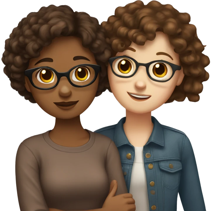 white girl with glasses brown hair and bangs hugging brown girl with curly dark brown hair emoji