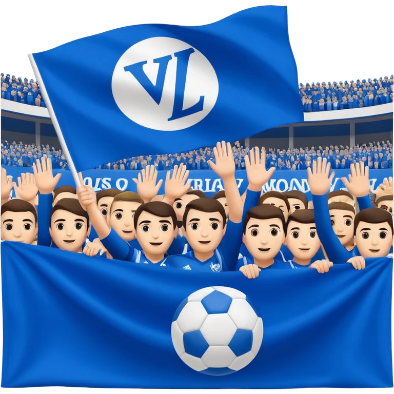 energetic crowd of Levski Sofia fans, sector B, waving blue and white flag emoji
