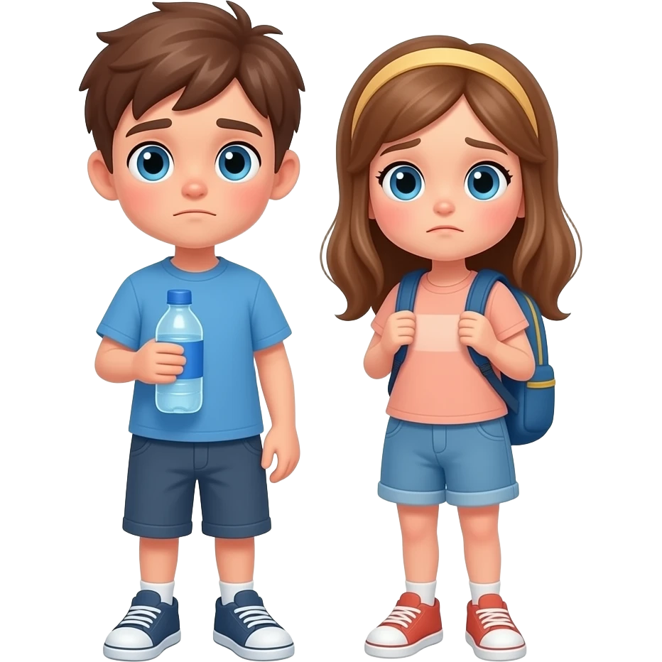 chico y chica  cansados el chico castanyo i con pelo corto y la chica pelo suelto y un poco rubia pero castaño avellana y los dos tienen ojos azules son hermanos el chico con una cantimplora de agua i la chica con una mochila. estan depie i cansados. se les ve los pies emoji