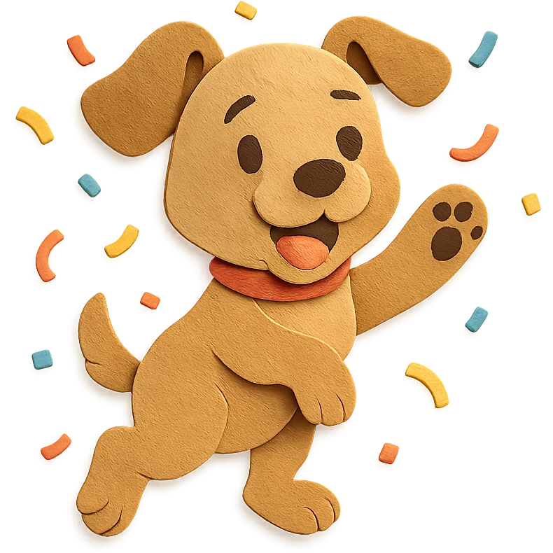 highly detailed, high quality paper craft style illustration of a puppy jumping through confetti with a paw up in celebration, intricate textures, soft lighting, delicate cut-paper details emoji