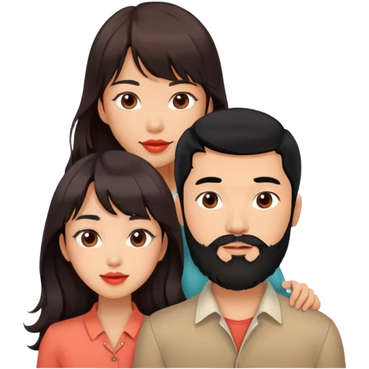 handsome asian man with black hair and beard, together with cute tan skin woman with long wavy reddish brown hair with bangs and coral lipstick emoji