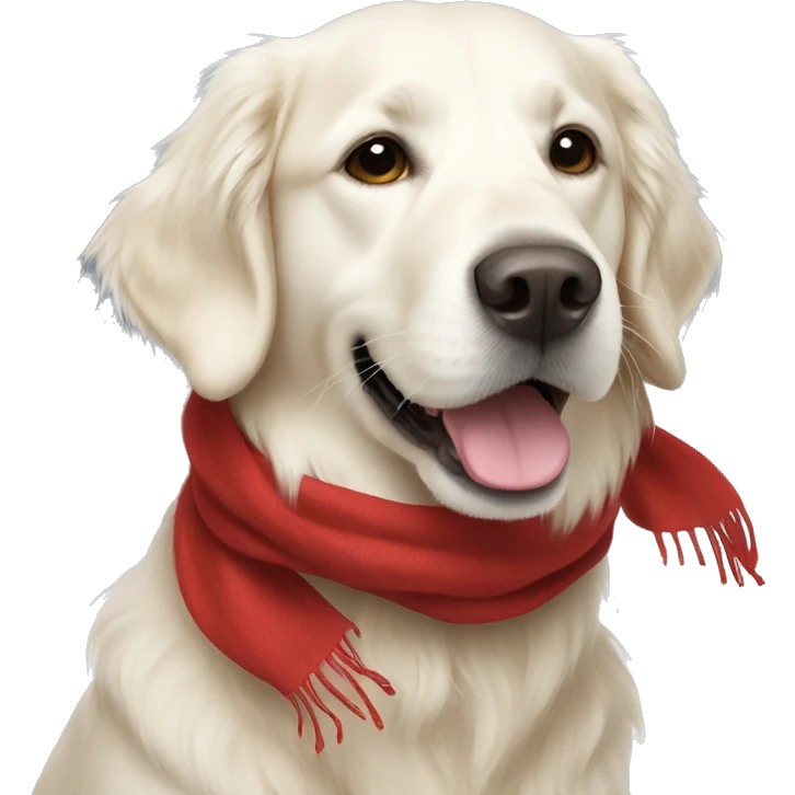 White golden retriever wearing a red scarf emoji