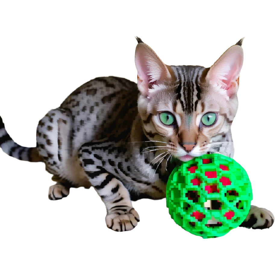 A silver Bengal cat with green eyes, playing with a toy. emoji