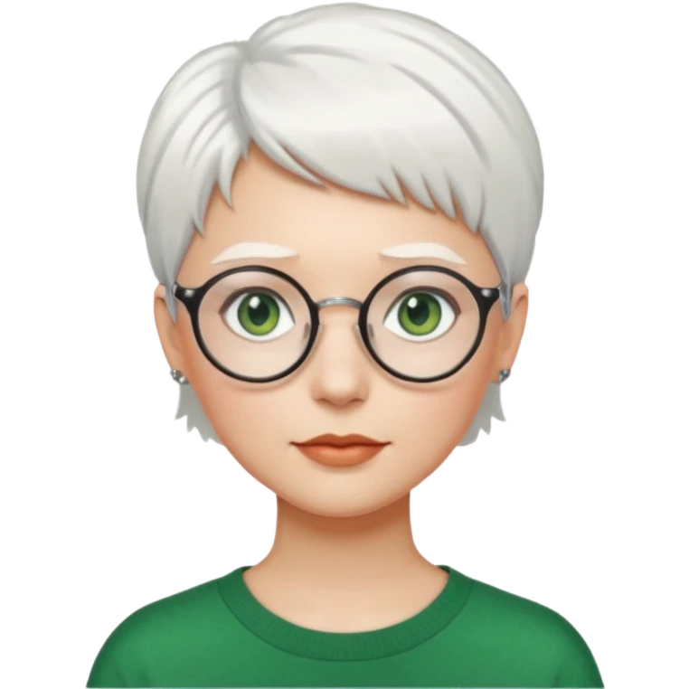 visage femme a lunettes ronde avec cheveux courts blancs aux yeux verts emoji