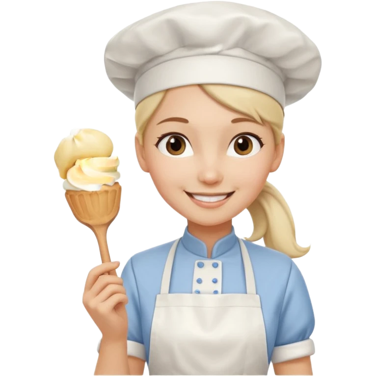 Young female pastry chef - ponytail, apron, wearing a white hat, holding a cream piping bag emoji