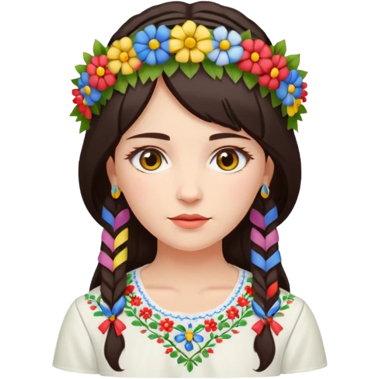 Ukrainian woman in a white embroidered shirt with dark hair in a wreath of flowers with multicoloured ribbons on her head emoji