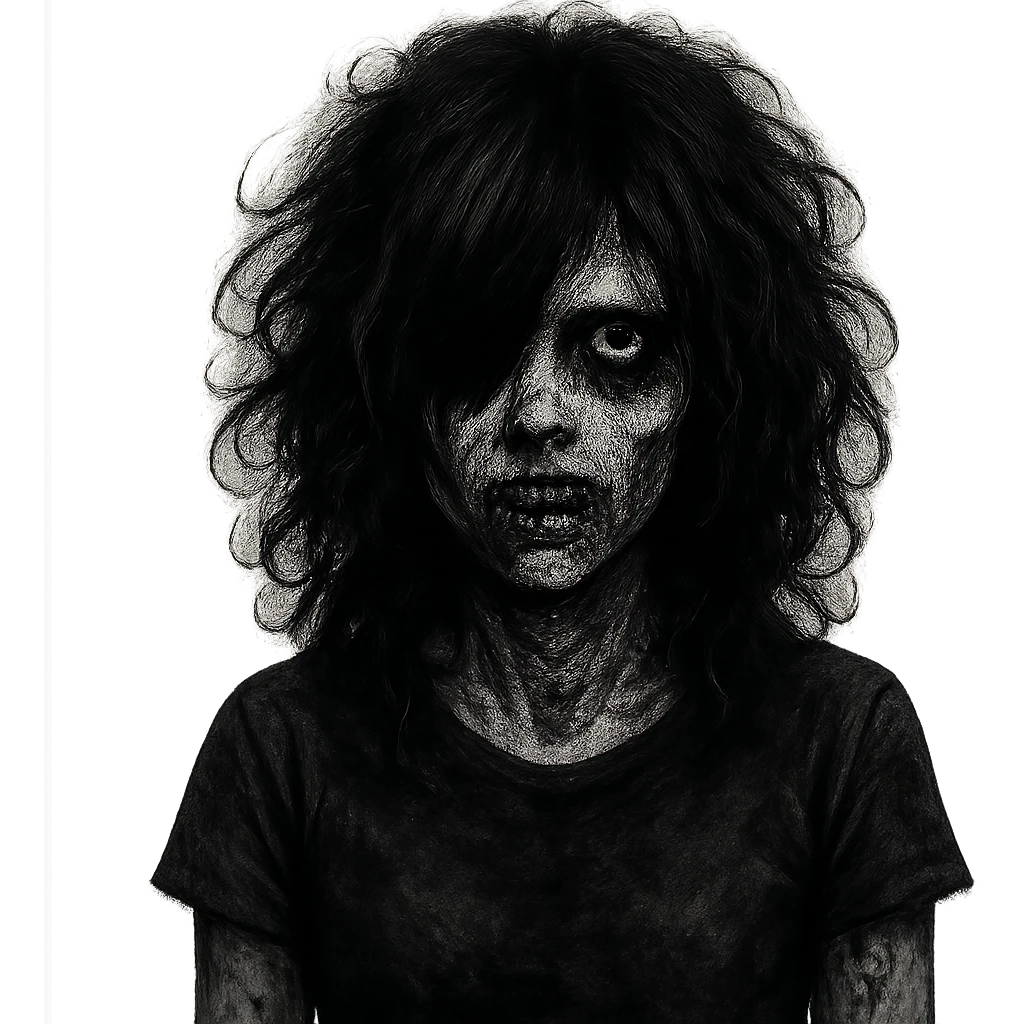 creepy emo zombie girl, black curly medium-long hair, shaggy, dark, spooky expression emoji