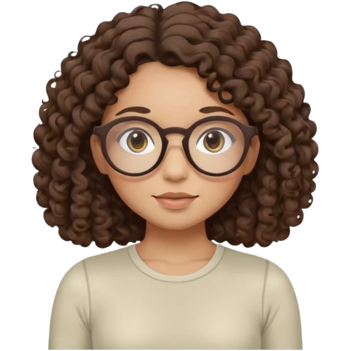 Memoji-style illustrated girl with dark brown curly hair, round glasses, large brown eyes, soft rounded face, warm beige skin tone, wearing neutral Pilates activewear, calm wellness aesthetic, pastel colors, sticker-style digital illustration, smooth shading, white outline. emoji