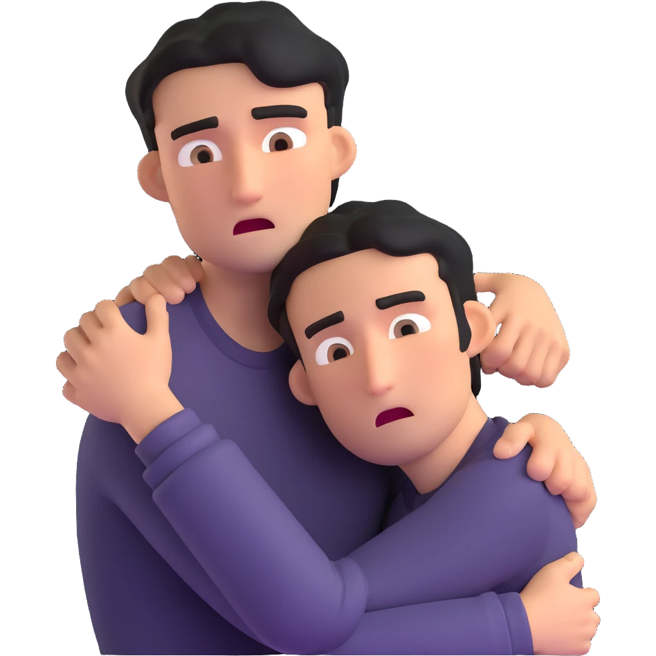 man with anxious attachment style clinging desperately to partner with worried expression and fear of abandonment emoji