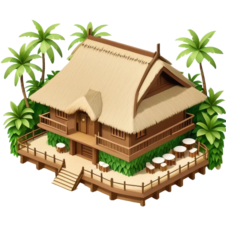 Isometric exterior brown and beige and green luxury polynesian beach resort restaurant, dollhouse style 3D realistic  emoji