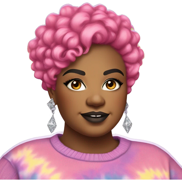 Large Plus size black woman with edgy pink curly pixie cut hair and a rainbow tie dye sweater , and diamond stud earrings  emoji