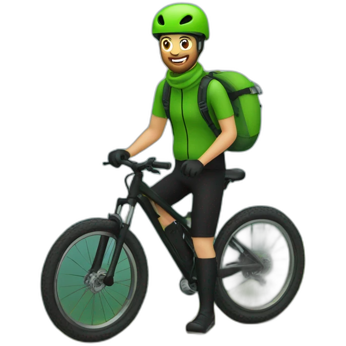 mountain biker with a green bicycle, black pants, con bufanda y gorro, high speed emoji