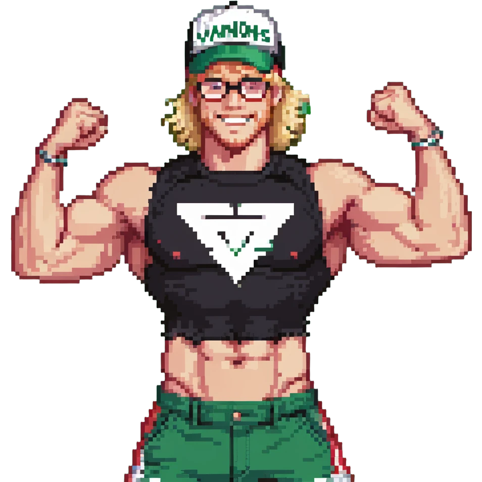 Man with black and white cap that says VANOMAS, bare muscular torso, red shorts, clear glasses, messy blond mullet hairstyle, flexing muscles and smiling emoji