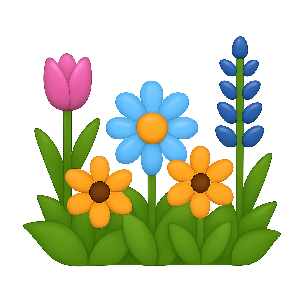 Create the same flower bed in apple emoji style but with fewer flowers. Keep the style consistent with apple emojis and maintain a transparent background. emoji