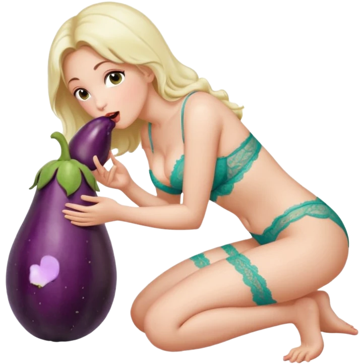 lady in lace lingerie on knees and kissing big eggplant in her mouth  emoji