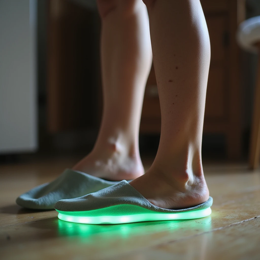 realistic style woman standing with natural relaxed posture, orthopedic insole visible in shoe, foot with green glow symbolizing benefit, domestic environment emoji