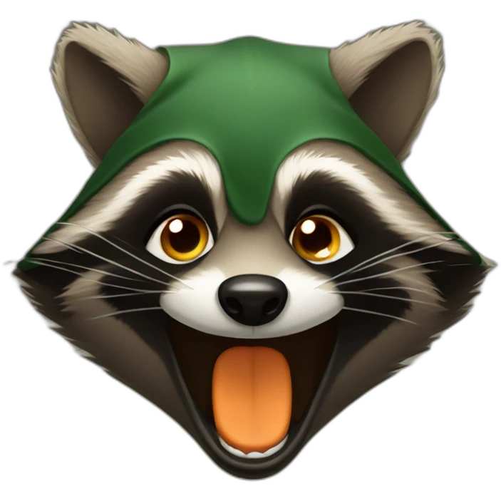 brown raccoon with orange eyes and a dark green hood that is laughing emoji